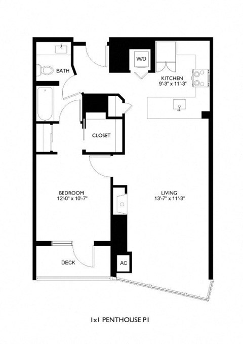Floor plan for 1 bed, 1 bath, 826 sqft